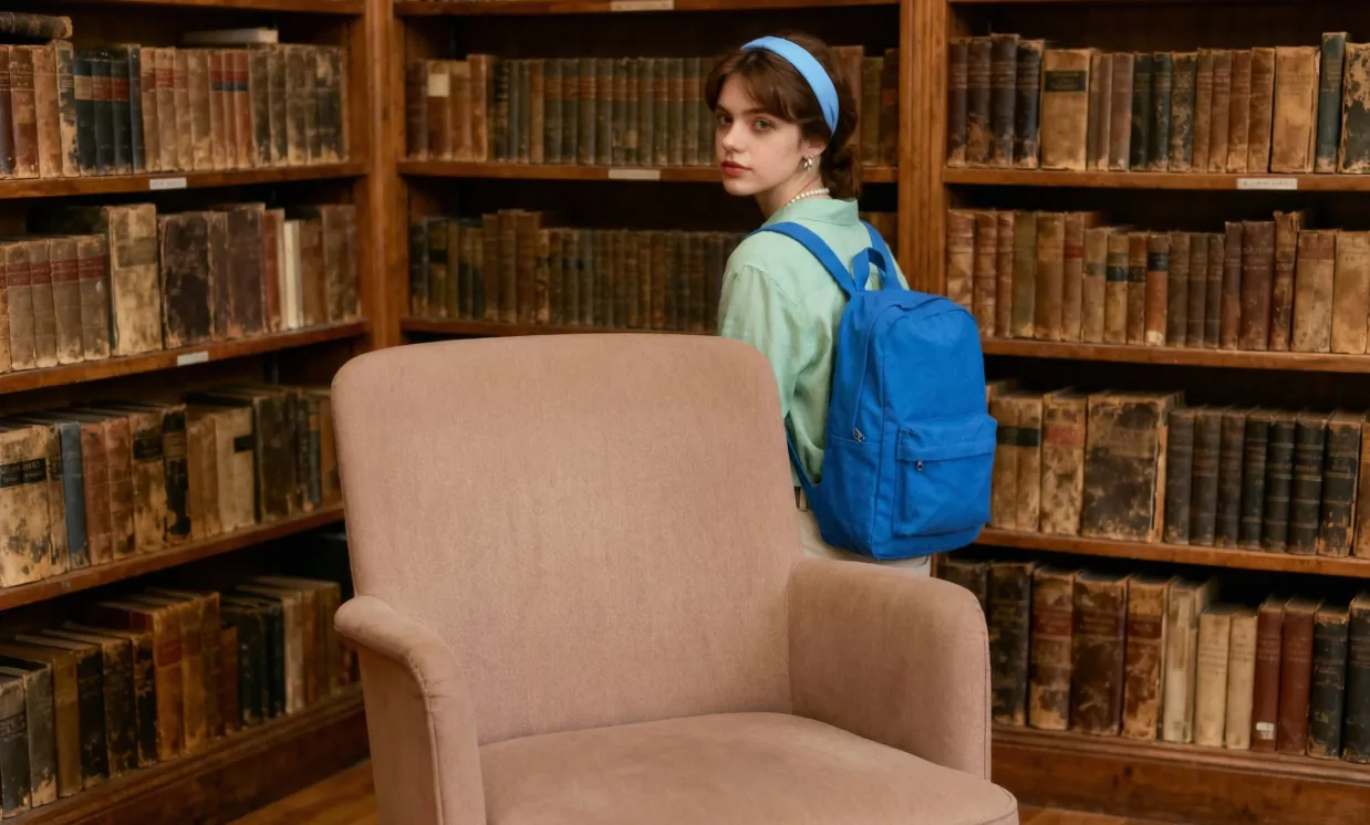 A girl with a backpack, standing relaxed near a bookshelf and behind a chair. Keep every other detail in the scene completely unchanged.